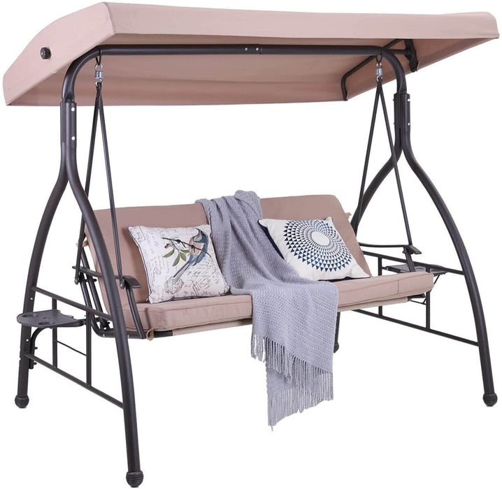 Beige Outdoor Porch Swing with Canopy